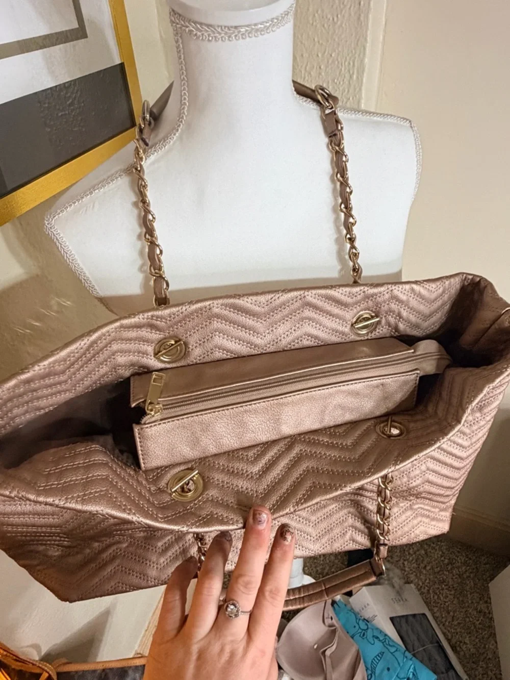 Chevron Quilted Tote Bag in Blush Taupe